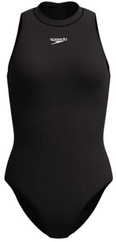 Een zwart Speedo sportbadpak met hoge hals en logo, geïsoleerd op een witte achtergrond.