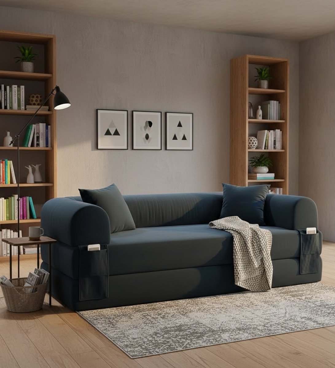 Luxe Slaapbank 3-zits met Slaapfunctie – Moderne Klapbank voor Woonkamer en Slaapkamer – Incl. Kussens – Donkerblauw House&Garden