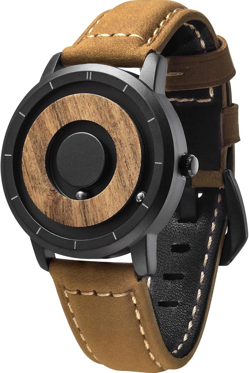 Houten Herenhorloge met Magnetisch Uurwerk en Roestvrijstalen Band