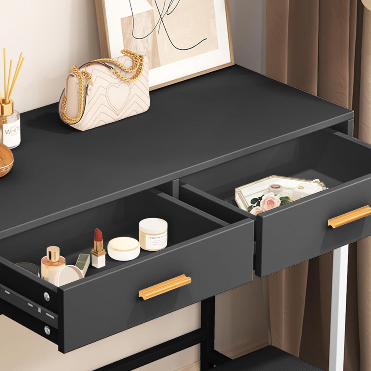 Make-uptafel met 2 lades en bijpassende kruk, Zwart