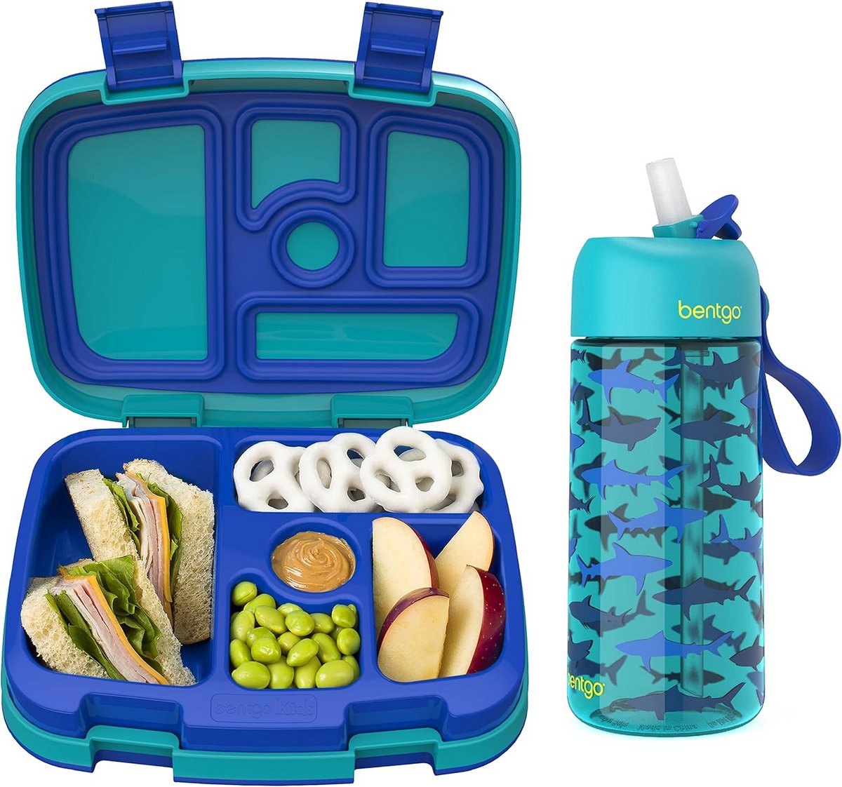 Lekvrije Lunchbox voor Kinderen met 5 Vakken en Drinkfles - Haaienprint