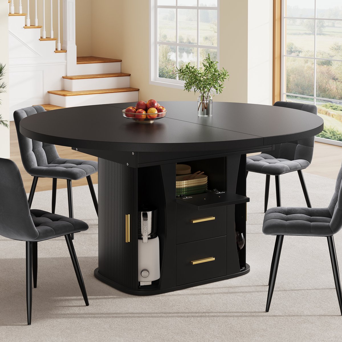 OKWISH Eettafel Uittrekbaar Met Opbergruimte 118 Tot 158×118×77 Cm 6 Personen Hefmechanisme MDF Zwart