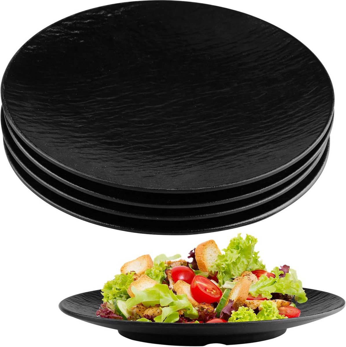 Set van 4 Platte Zwarte Borden - Herbruikbare Melamine Salade- en Taartborden 20,2 cm