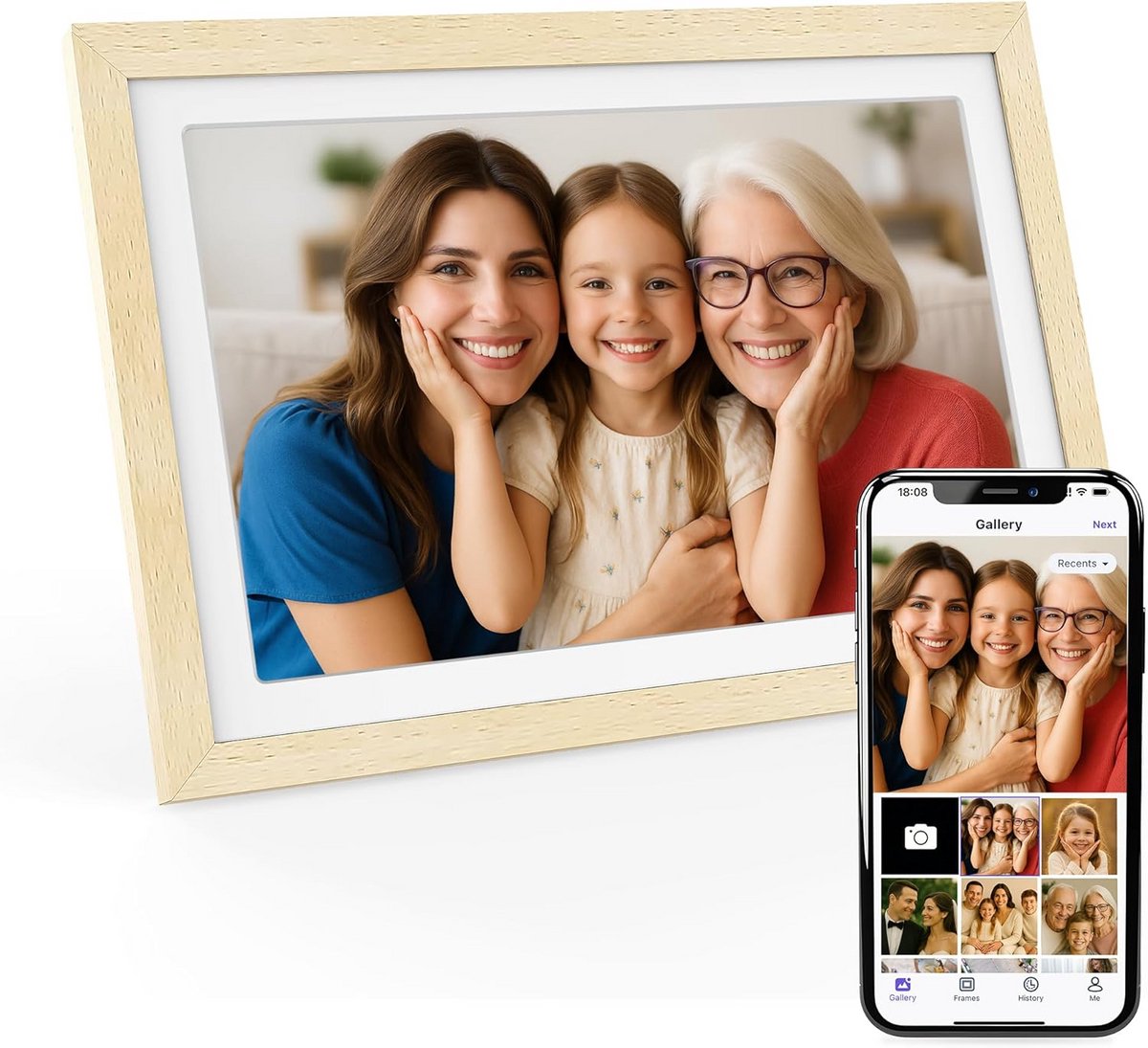 10,1 inch WiFi Digitale Fotolijst Full HD IPS Touchscreen met 32GB Geheugen en Houten Lijst