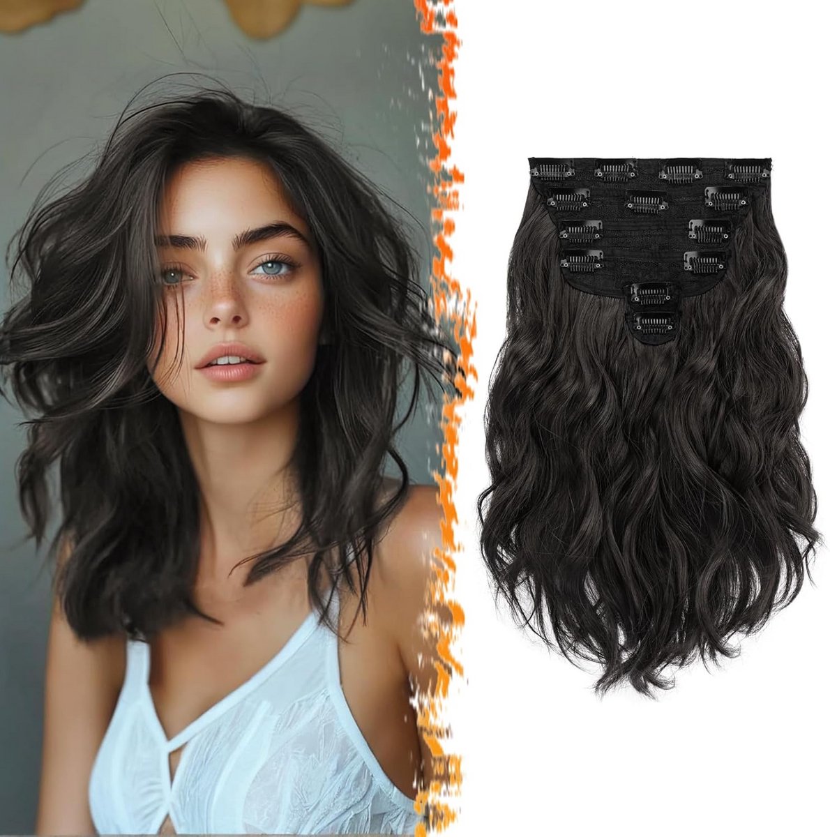 Haarextensies 30 cm Golvend Clip-in Synthetisch Zwart Bruin Set