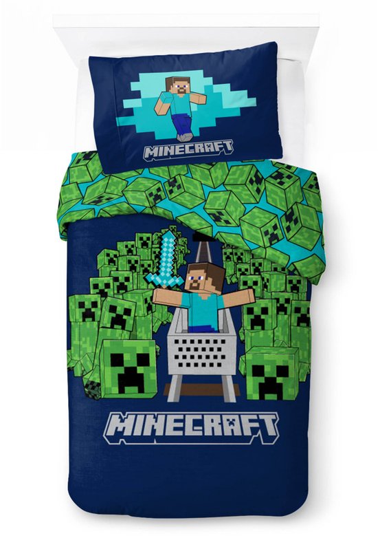 Donkerblauw dekbed met Minecraft-print: Steve met zwaard in winkelwagen, omringd door Creepers. Kussensloop met Creeper en Minecraft logo.