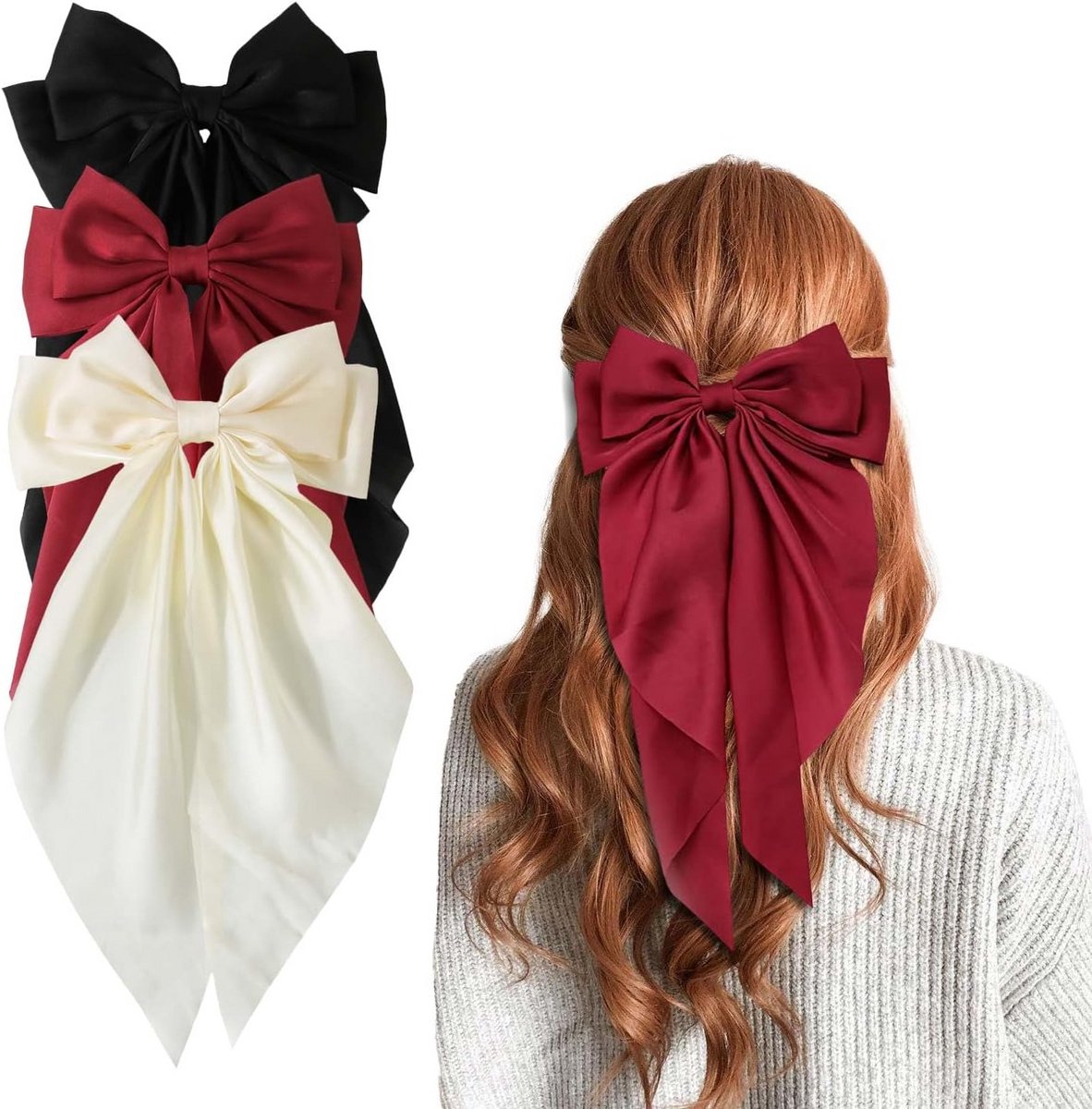 Set van 3 Grote Haarstrikken met Lange Staart voor Vrouwen - Elegante Strik Haarclips