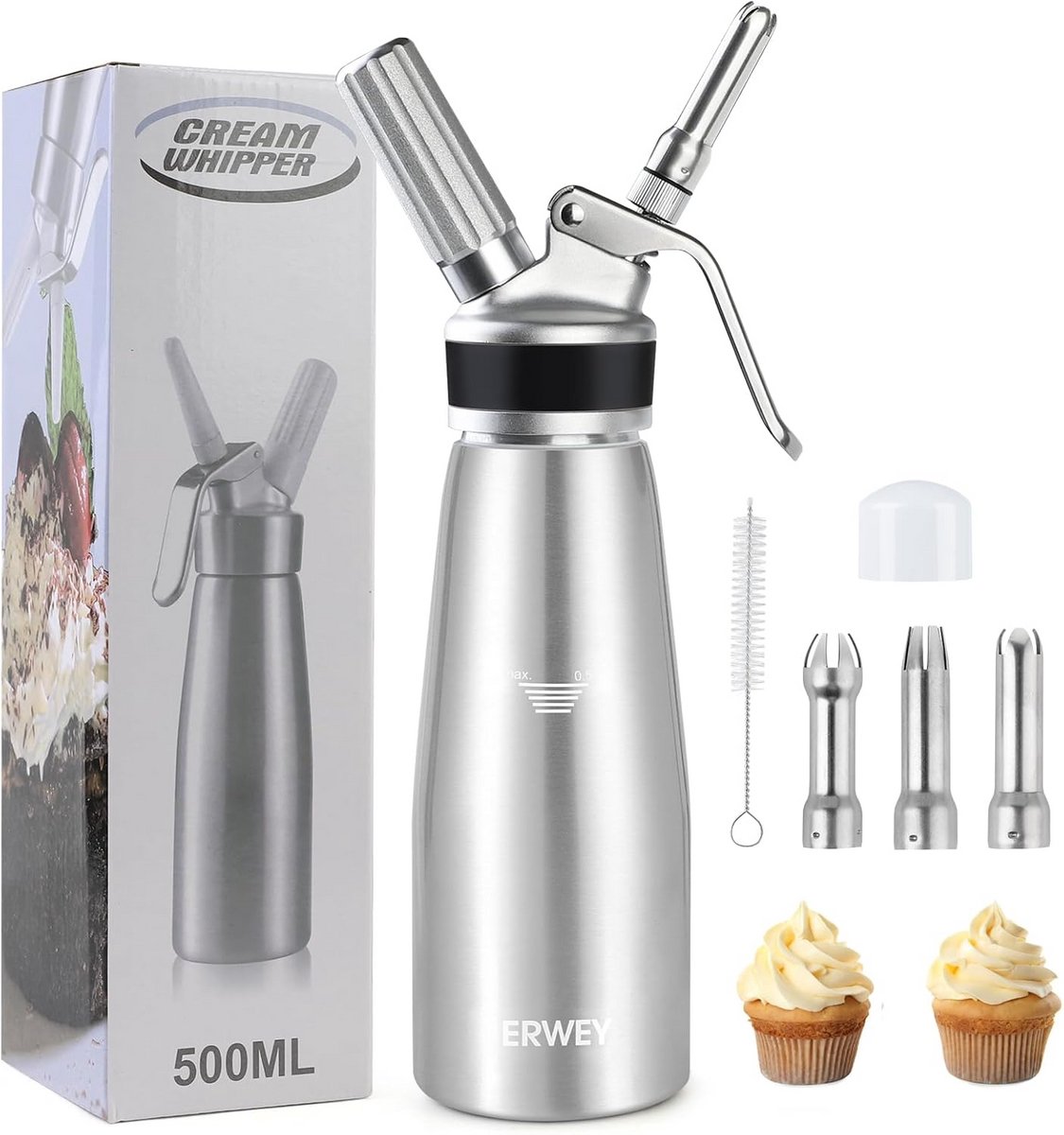 Professionele Slagroomdispenser 500 ml Aluminium met 3 Tuiten en Schoonmaakborstel