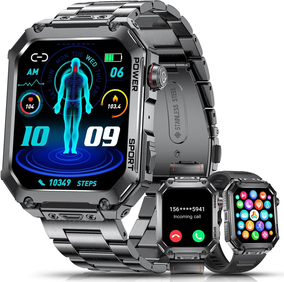 Militaire Smartwatch voor Heren met Metalen Armband en 100+ Sportmodi
