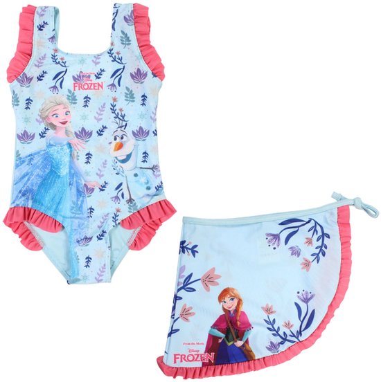 Lichtblauw zwempak met Elsa en Olaf, met roze ruches, en een bijpassende wikkelrok met Anna.