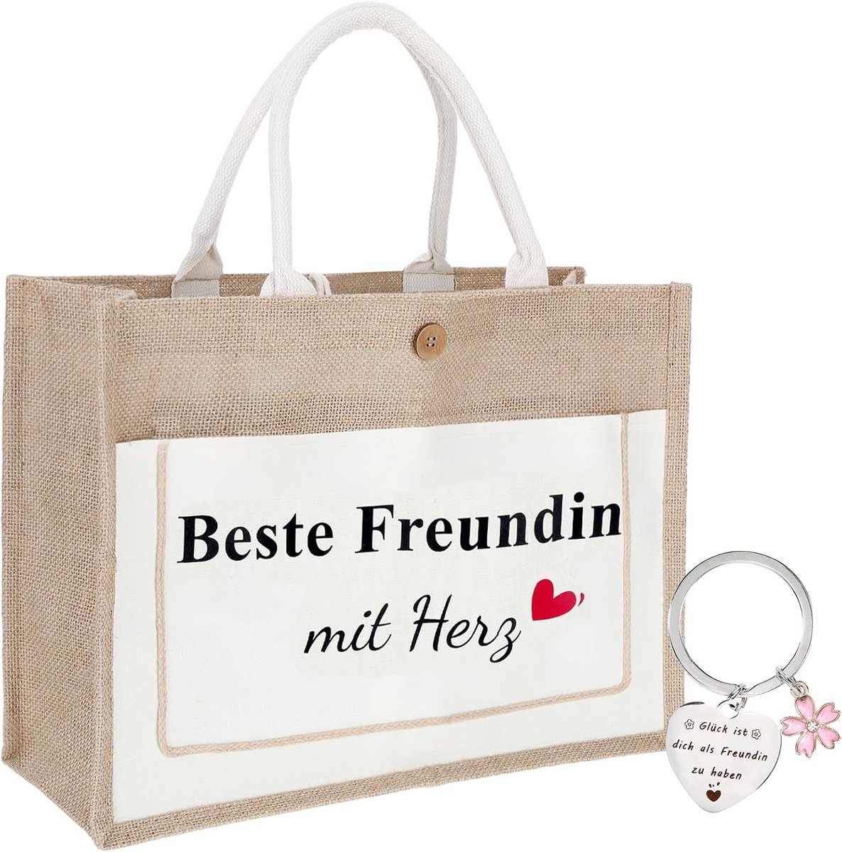 Duurzame Jute Tas met Gepersonaliseerde Sleutelhanger Cadeau voor Vrouwen