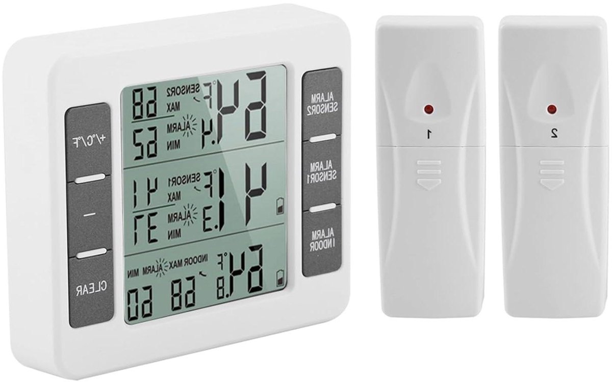 Allecto - Digitale Thermometer - Thermometer voor Koelkast - Draadloos - Alarm - Sensoren - Temperatuur - Compatibel voor Koelkast - Zwart - Model AKT890 - Digitaal - Binnen- en Buitengebruik.