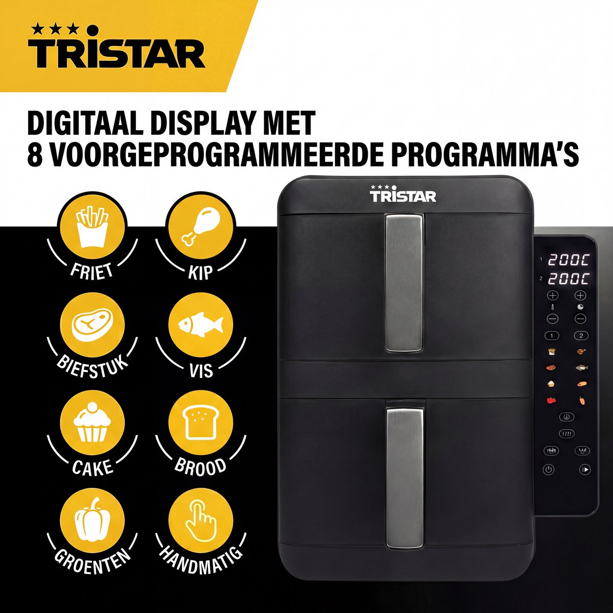 Tristar FR-9074 - Stack airfryer XXL - 9L - 2 onafhankelijke kookzones - Dubbele gestapelde lades - 8 kookprogramma's - 2400W - PFAS-vrij - Bespaart 45% Ruimte - 6 personen — afbeelding 6