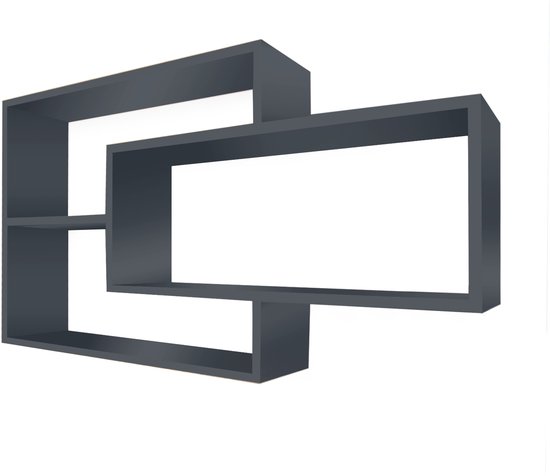 Donkergrijze, geometrische wandplank met vier open vakken.
