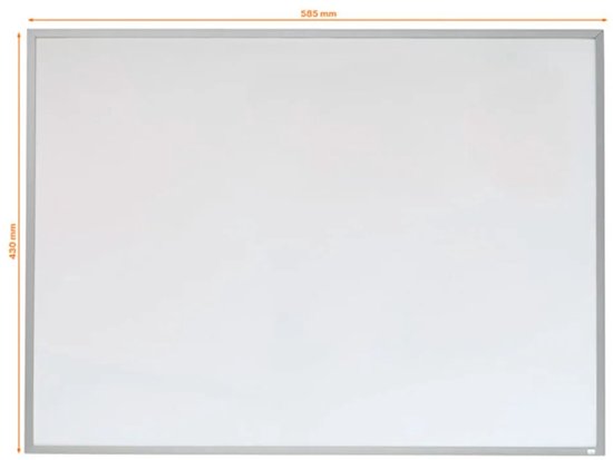 Wit whiteboard met aluminium lijst, met afmetingen 58,5 x 43 cm.