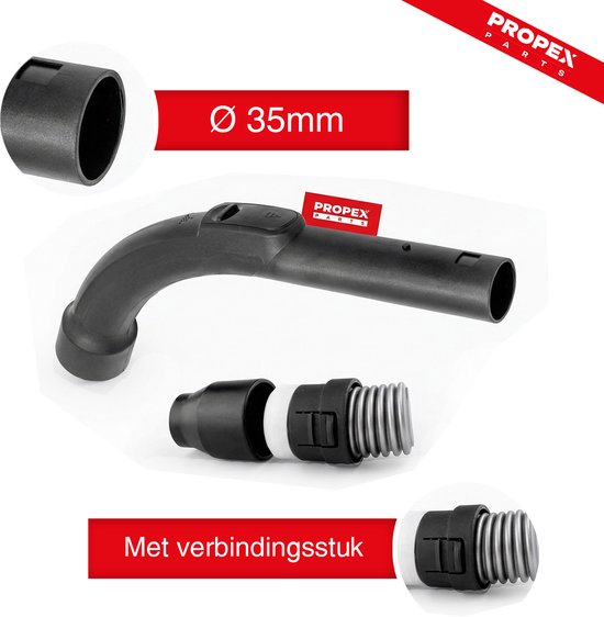 Zwarte gebogen stofzuigerbuis met verbindingsstuk, ronde aansluiting 35mm, met "PropEx PARTS" logo.