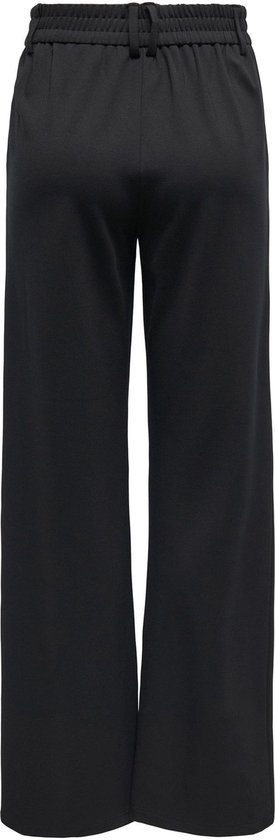 Achterkant van zwarte wijde broek met elastische tailleband.