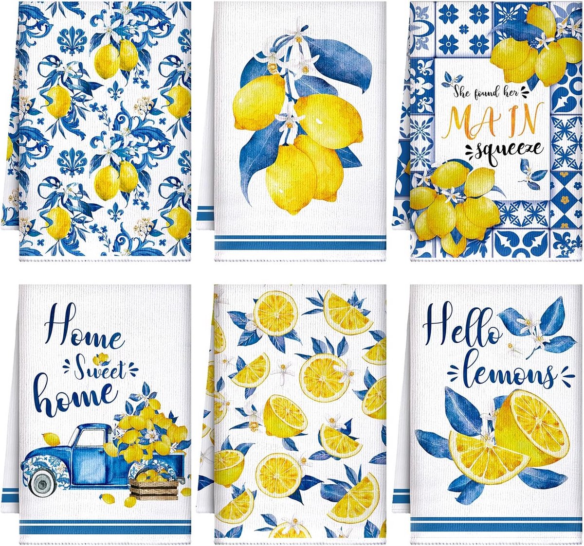Set van 6 Absorberende Keukenhanddoeken Citroen Design - Blauw & Geel - Geschikt voor Keuk