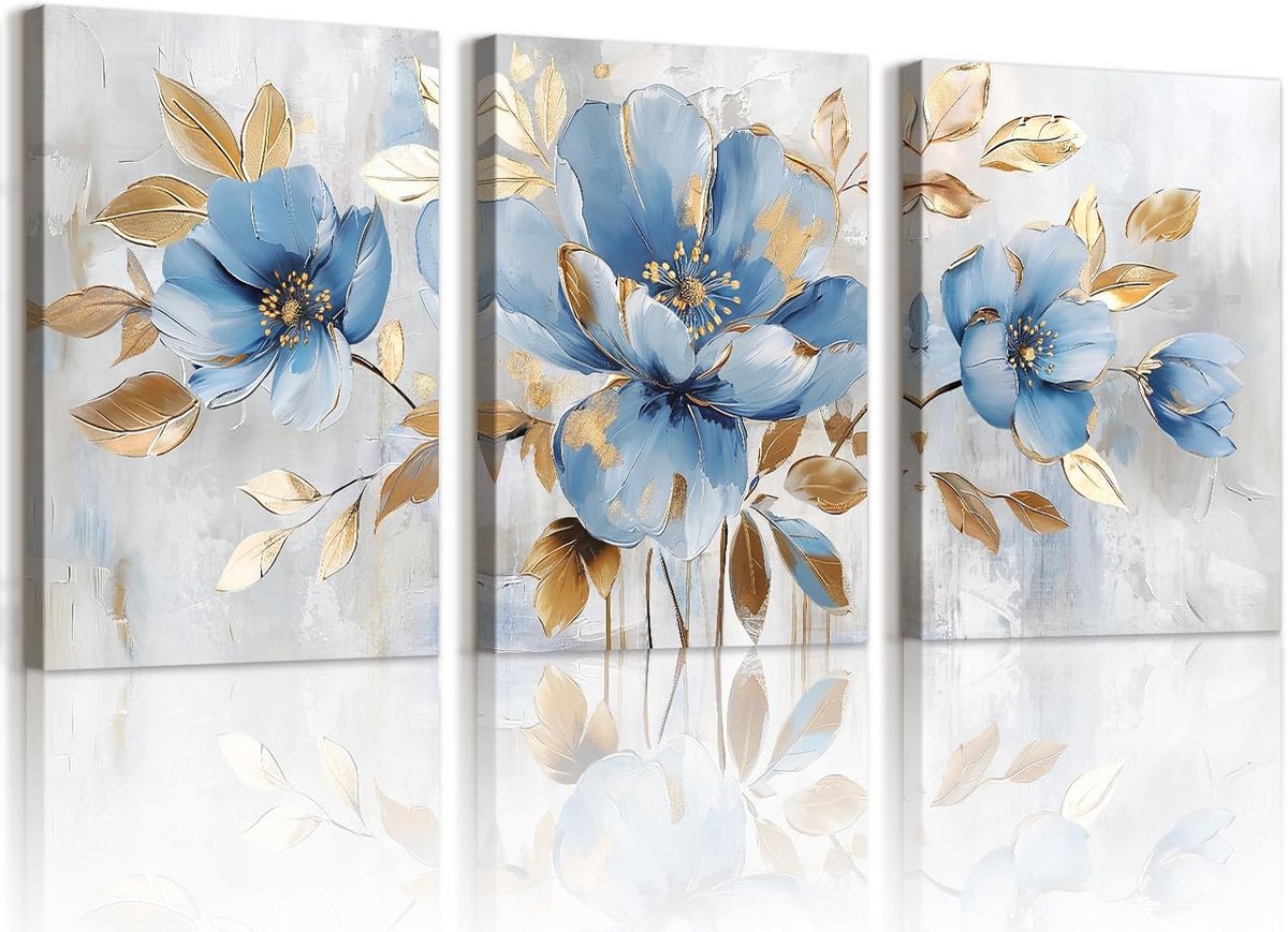 Set van 3 Ingelijste Abstracte Bloemen Wanddecoratie Blauw Goud