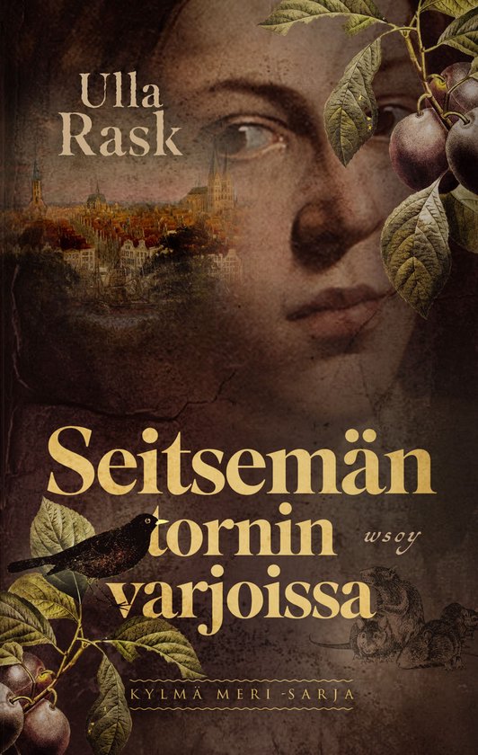 Boekomslag met een schilderij van een vrouw, een stadje en pruimen. De titel is 'Seitsemän tornin varjoissa'.
