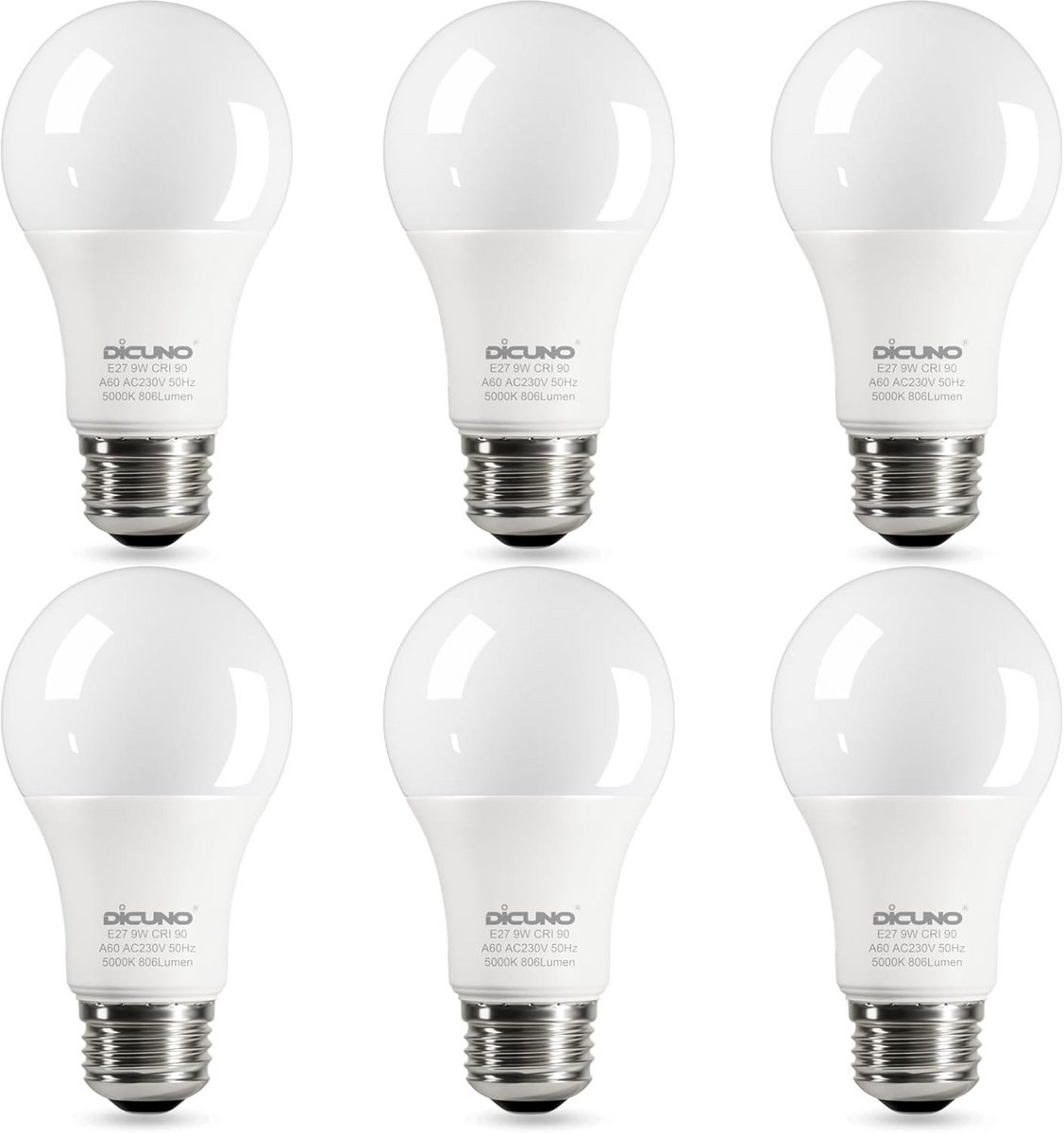 Set van 6 E27 LED Lampen 9W Koel Wit 5000K Hoge Kleurnauwkeurigheid Niet-dimbaar