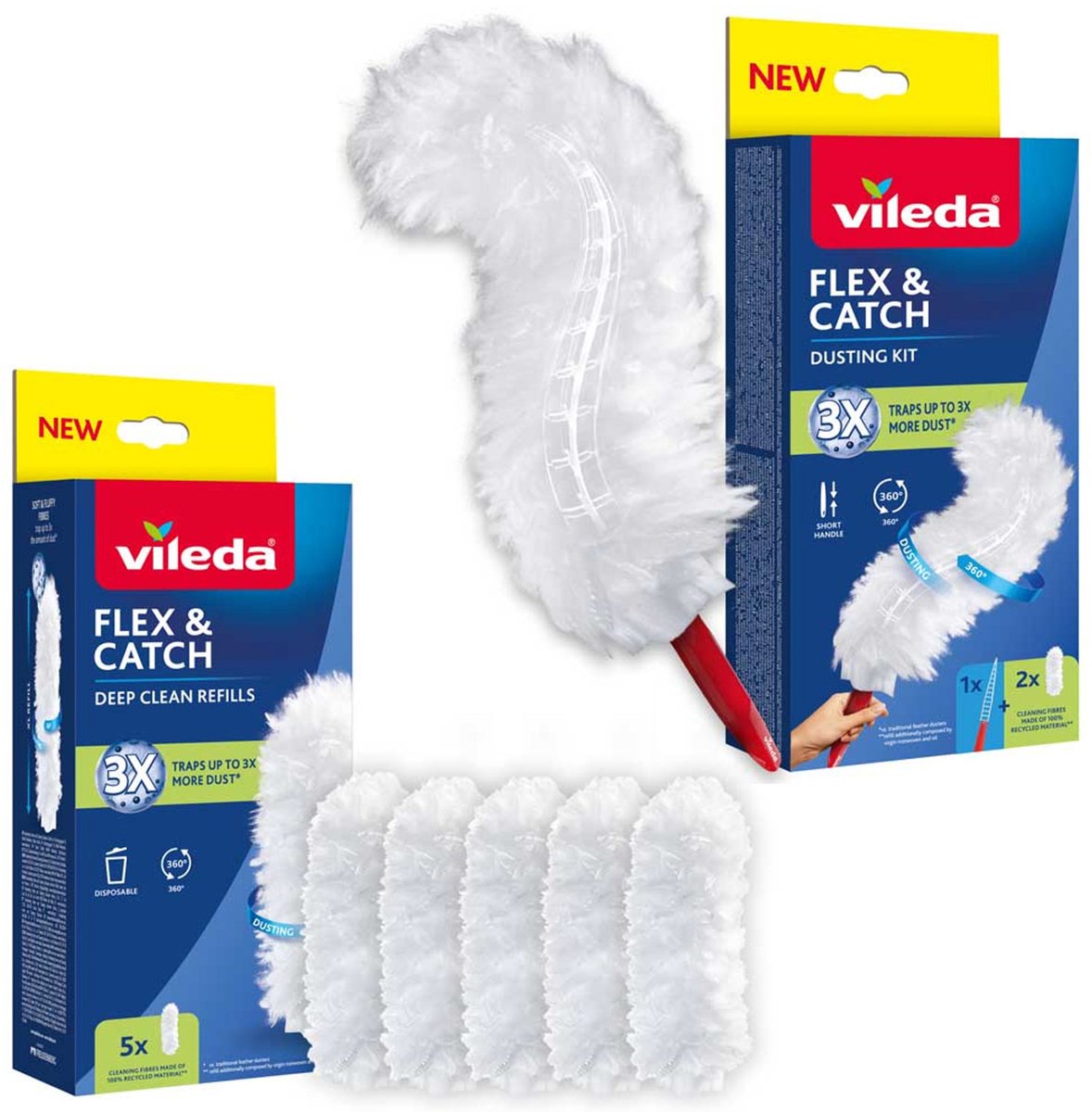 Vileda Flex&Catch - Stofbezem met korte steel - antislip - flexibele kop + 5 stuks navulling inbegrepen