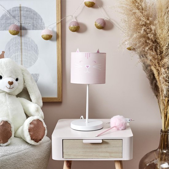 Home Deco Kids Lamp Kat / Poes - roze - kunststof - aan / uit schakelaar - 36 cm - kinderkamer van Home Deco Kids — afbeelding 2