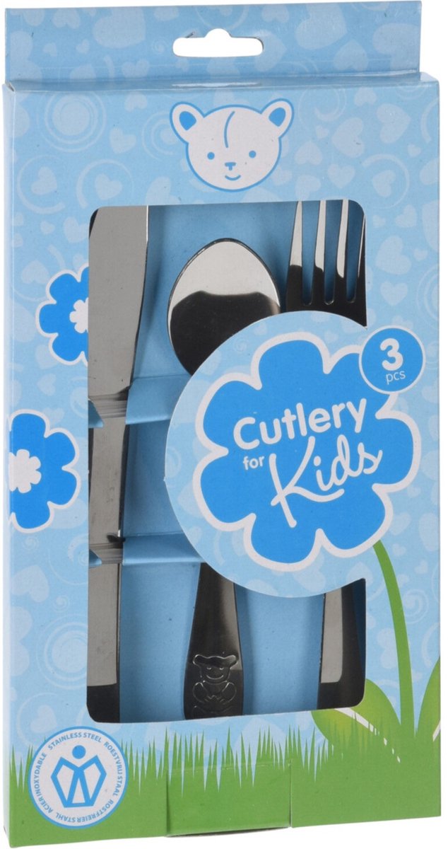 Excellent Houseware Kinder Bestekset Beer - blauw doosje - kraamcadeau - 3-delig - zilver - RVS - bestek voor kinderen van Merkloos — afbeelding 2