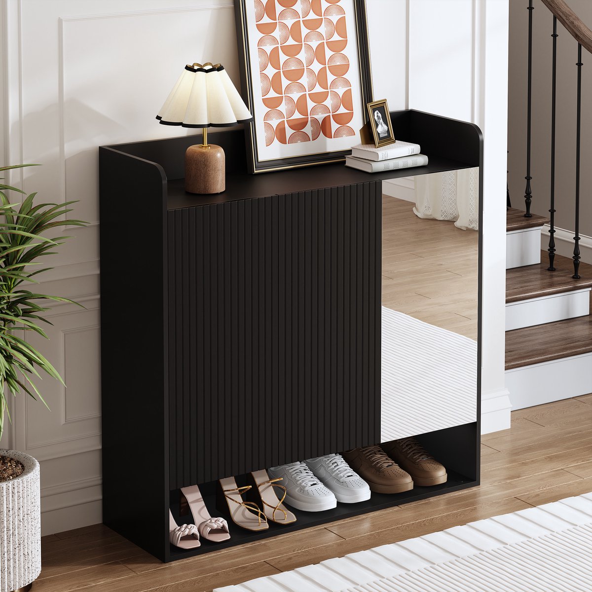 OKWISH Schoenenkast Met Spiegel Deur En Verticale Structuur Voor Hal En Woonkamer Mat Zwart MDF Spaanplaat 110×35,5×110 Cm