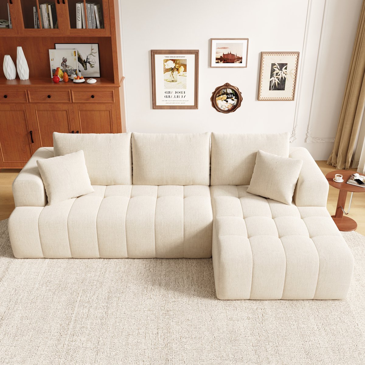 OKWISH Hoekbank 244,5 X 136 X 79 Cm - Modulair L Vormig Cloudbank Zonder Frame - Geen Montage Nodig Voor Woonkamer - Chenille - Beige