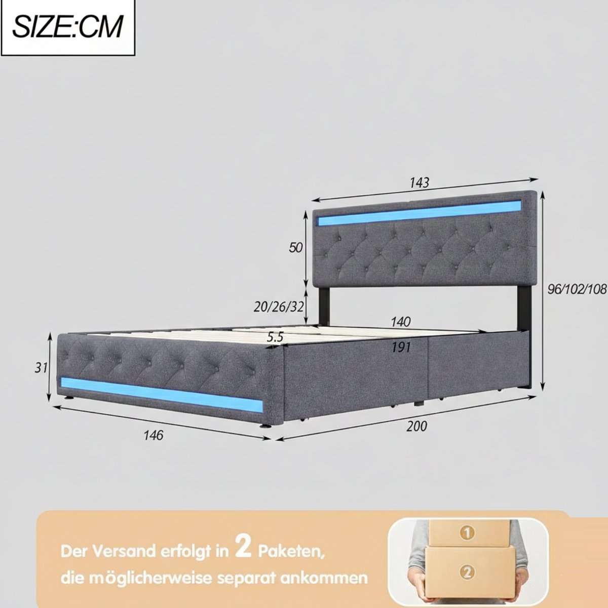 Gestoffeerd Bed 140x190 cm met Opbergruimte – Casa Velluto Luxora Tweepersoonsbed met 4 Laden, LED Hoofdeinde met USB-C & RGB Verlichting – Donkergrijs Linnen – Inclusief Houten Lattenbodem