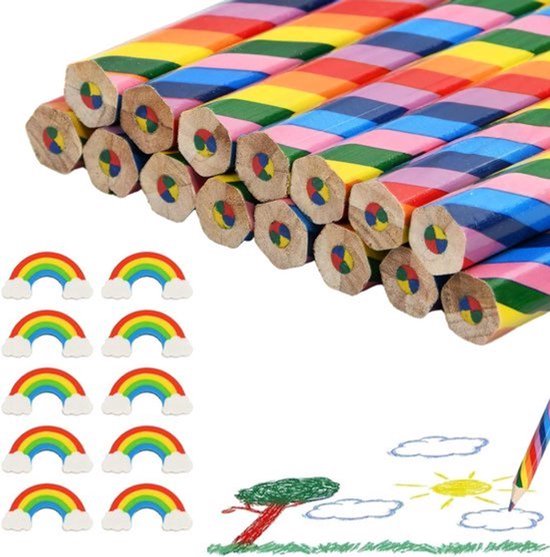 25 Regenboogkleurpotloden – 7-in-1, Veelkleurig, Houten Schacht, Voor Kinderen En Volwassenen, Tekenen En Schetsen