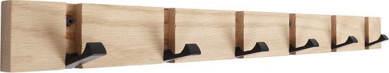 Luxe houten kapstok met 6 zwarte haken, een natuurlijke eikenhouten afwerking.