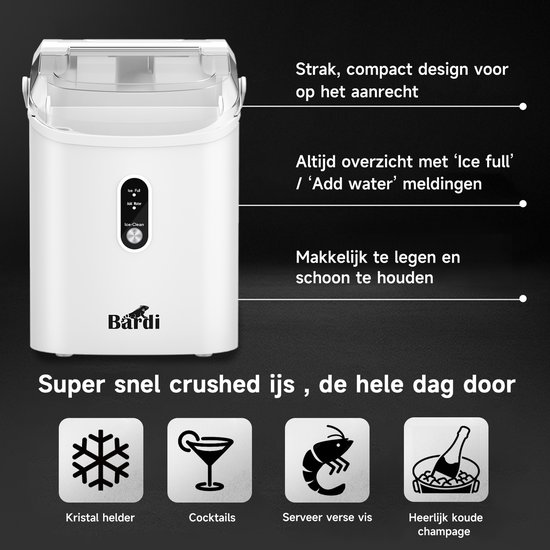 Bardi 1.1L - Nugget IJsblokjesmachine Rond - Crushed Ice Maker met IJsschep - 15kg/24 uur - Ijsblokjesmaker - Met Lux Thermosbeker - WIT - Citruspers RVS van Merkloos — afbeelding 3