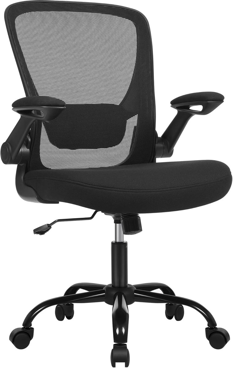 Furnstar Bureaustoel – Ergonomische Office Chair met Opklapbare Armleuningen – 360° Draaistoel – Verstelbare Lendensteun – Zwart – OBN37BK