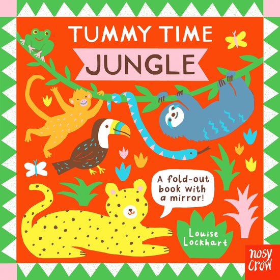 Voorpagina van het boek 'Tummy Time Jungle' met een luiaard, aap, luipaard, toekan en kikker in felle kleuren.