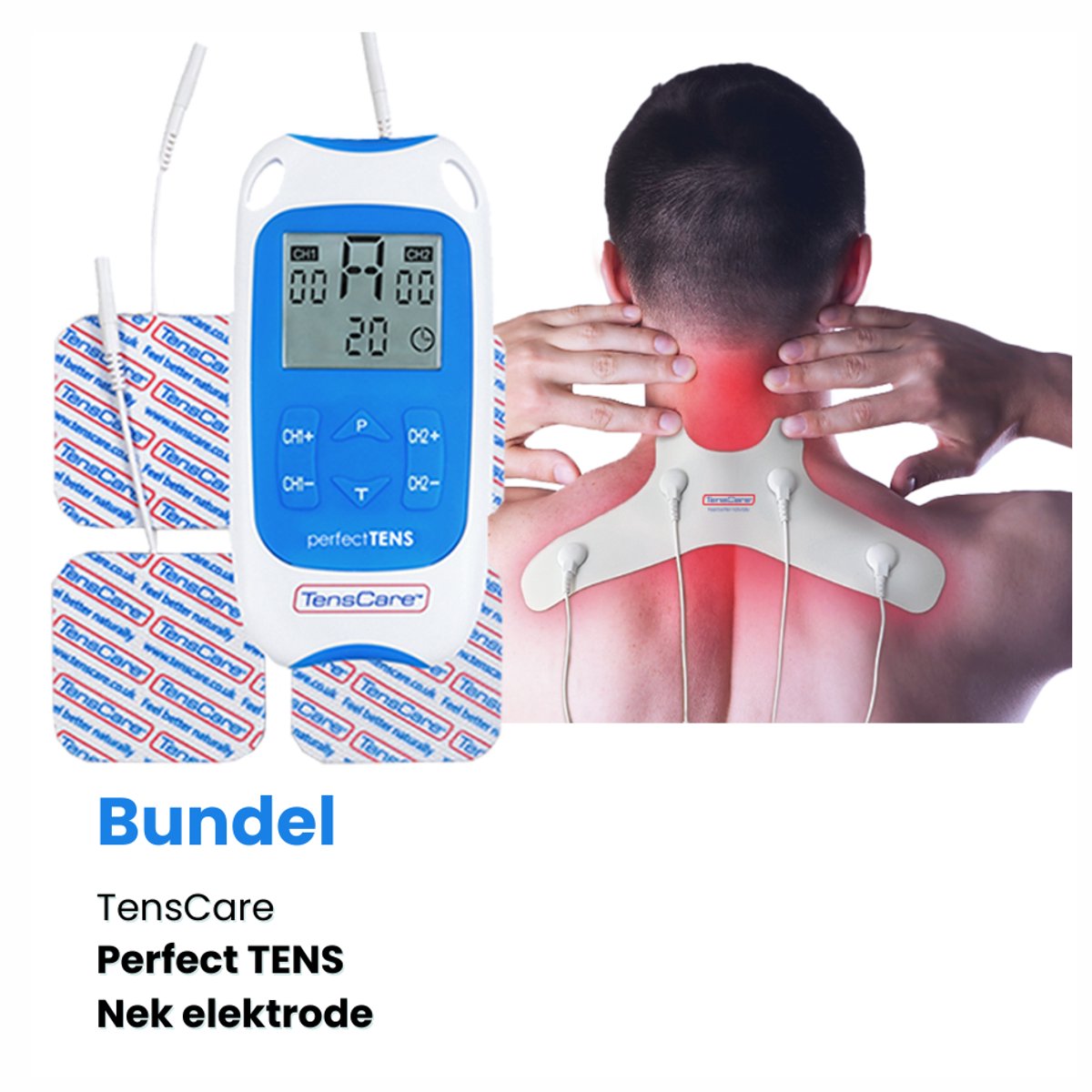 TensCare - Bundel Perfect TENS + 1x nek-elektrode | TENS apparaat | Pijnverlichting | Elektrodentherapie | Nek elektrode TENS/EMS – Zelfklevende gelpads – Voor nekklachten verlichting – Compatibel met TENS en EMS apparaten | nek elektrode |