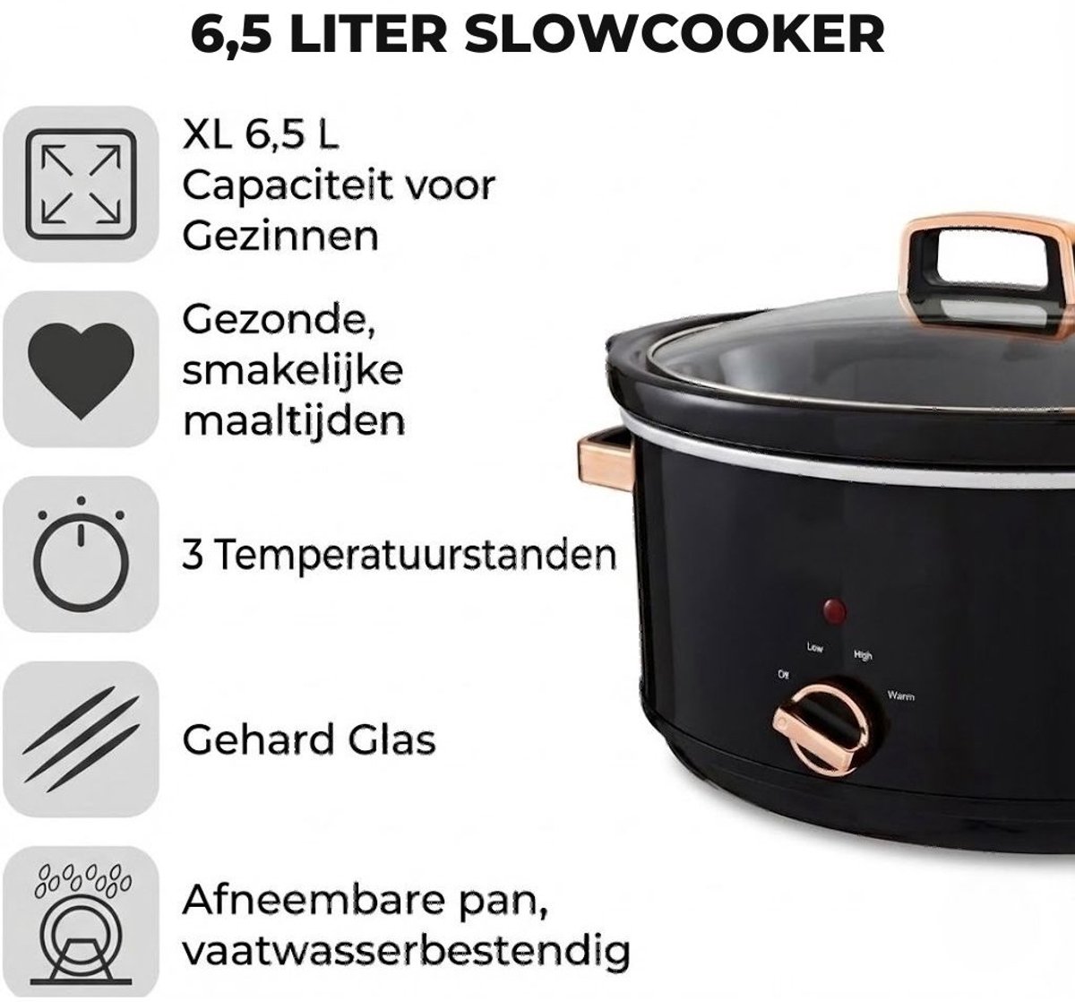 SNJY® Slowcooker met Timer - Slowcooker - Slowcookers - 6,5L - 3 Kookinstellingen - 270 Watt - Zwart – foto 3
