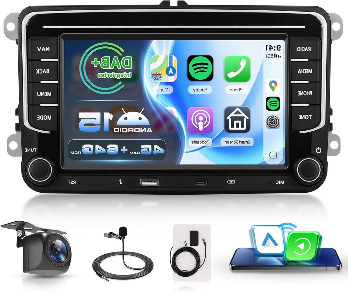 Android 15 Autoradio – Infotainmentsysteem – Multimedia Speler – Touchscreen Radio – Car Audio Systeem – 7 inch HD Scherm – Draadloze CarPlay & Android Auto – GPS Met Wi-Fi & Achteruitrijcamera