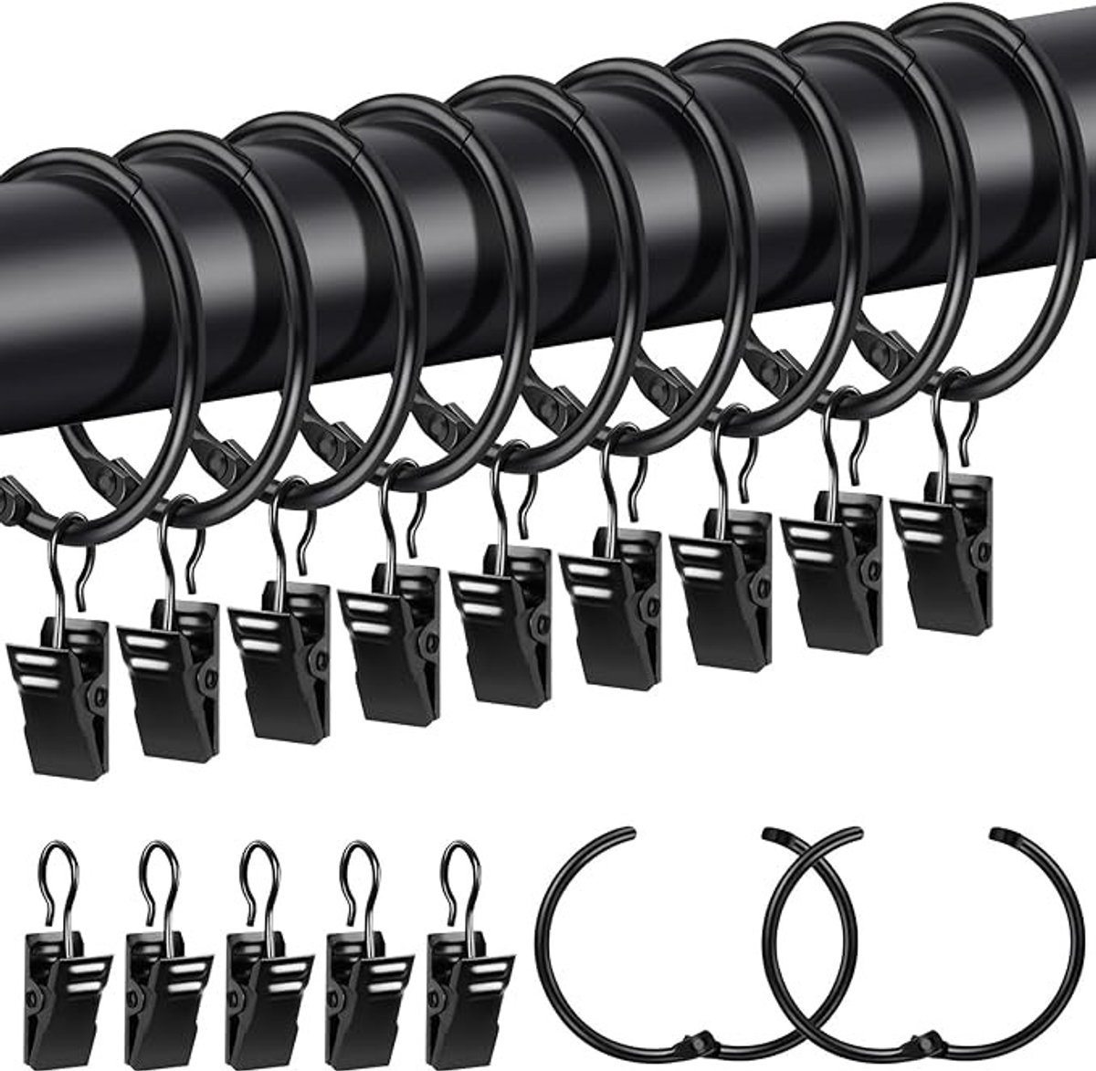 Stunq® 20 stuks gordijnringen met clips - Metaal - 38 mm diameter - Zwart