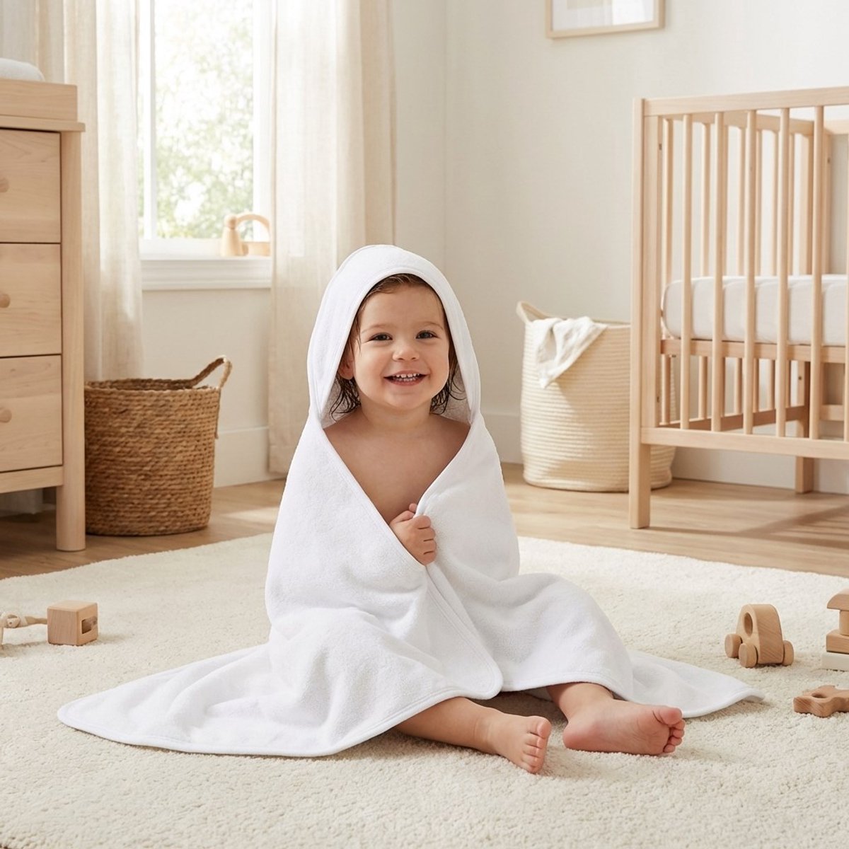 New Baby - Badcape - Badstof handdoek met capuchon 100x100 cm wit - Badhanddoek - Babyhanddoek - Capuchonhanddoek - Absorberend - Katoen