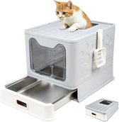 Kattenbak RVS met Deksel – Opvouwbare Gesloten Kattenbak met Lade – Geurvrij, Lekvrij en Makkelijk Schoon te maken – Dubbele ingang/uitgang – Kattentoilet met Schep (38,3 × 51 × 41 cm) – Grijs