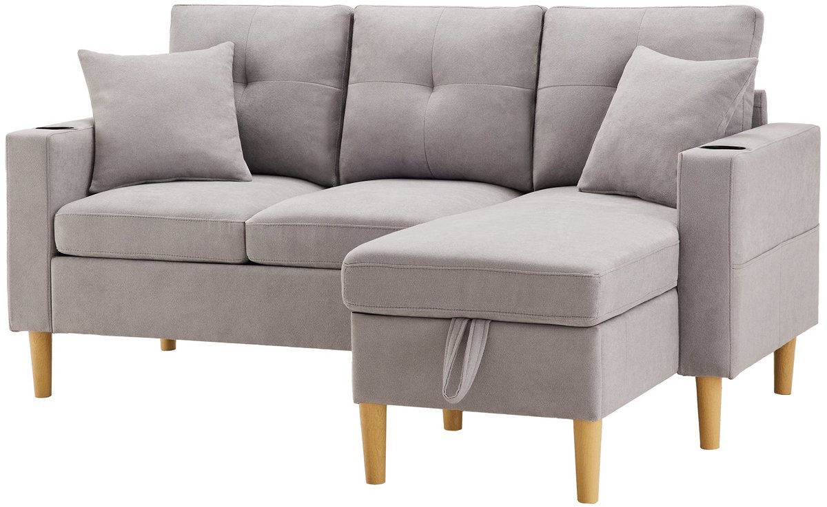 Merax L-Vormige Hoekbank Met Chaise Longue – 3-Zits Bank Met Opbergruimte En Bekerhouder – Lichtgrijs Katoen-Linnen – Inclusief 2 Kussens – 175x129 Cm