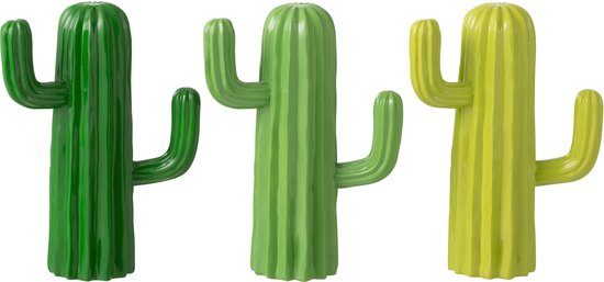 Drie decoratieve cactussen in verschillende tinten groen, op een witte achtergrond.