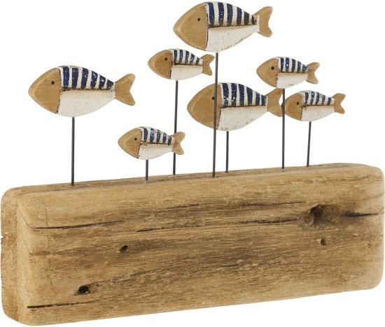 Décoration de poissons en bois rayés bleu et blanc sur un socle en bois.