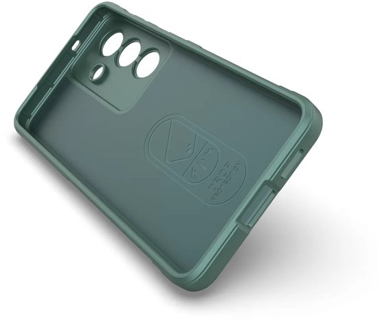 Buitenkant van een groene TPU gripcase met drievoudige cameralensuitsparing en 'DROP PROTECTION'-logo.
