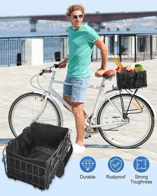 Deze fietsmand voor achterop de fiets is een opvouwbare metalen mand met een grote capaciteit en een snelsluitingssysteem, geschikt voor volwassenen en mannen. Je kunt er huisdieren, fruit en boodschappen in vervoeren. van Merkloos — afbeelding 3