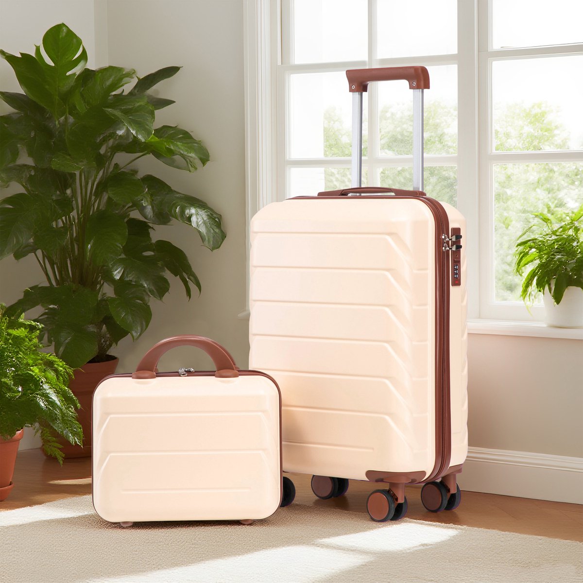 Kofferset Met Cijferslot – 2 Delig – 19 Inch En 14 Inch Cosmetica Koffer – ABS – Beige – Voor Weekend En Korte Reizen