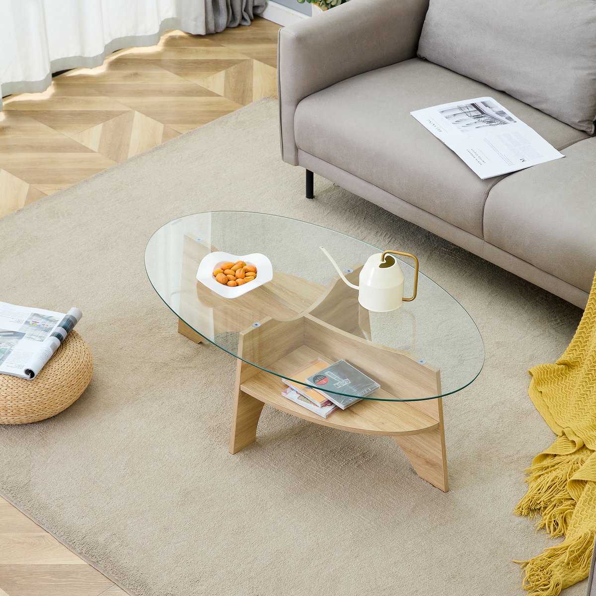 HAUSS SPOLE Salontafel - Ovale Veiligheidsglas Tafel Met Opbergplank - Voor Woonkamer En Balkon - MDF Houtlook - 104,9x60 Cm