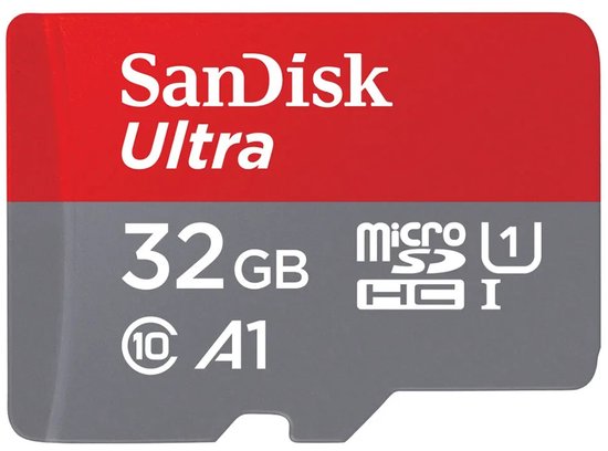 SanDisk Ultra 32GB microSDHC geheugenkaart, rood en grijs.